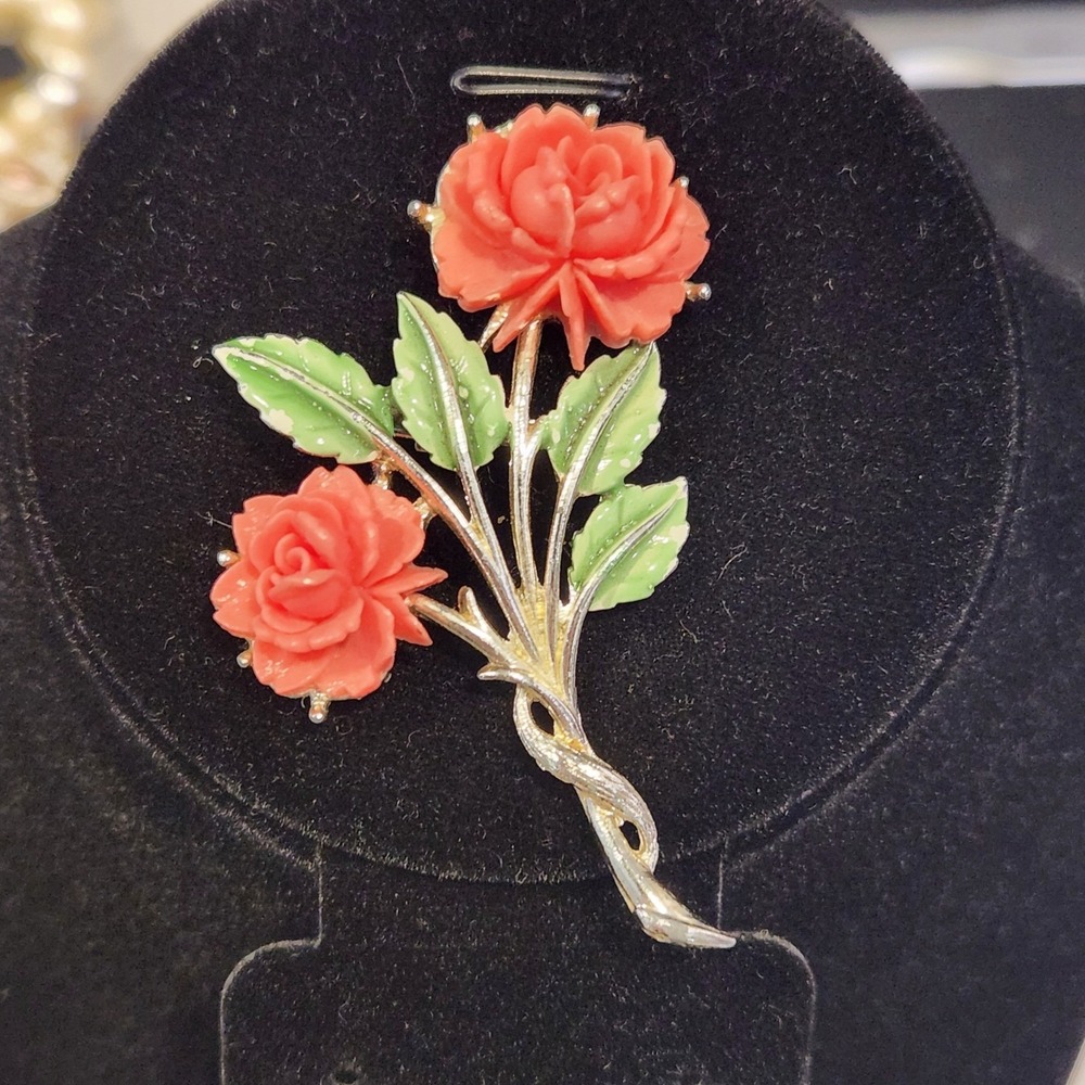 Vintage JJ Jonette Floral Molded‎ Brooch Faux Coral Pink Roses Enamel Pin